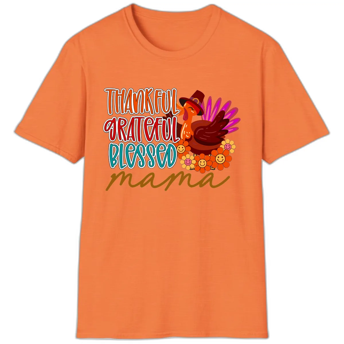 Thanksgiving Mama Turkey Floral T-Shirt in Heather Orange