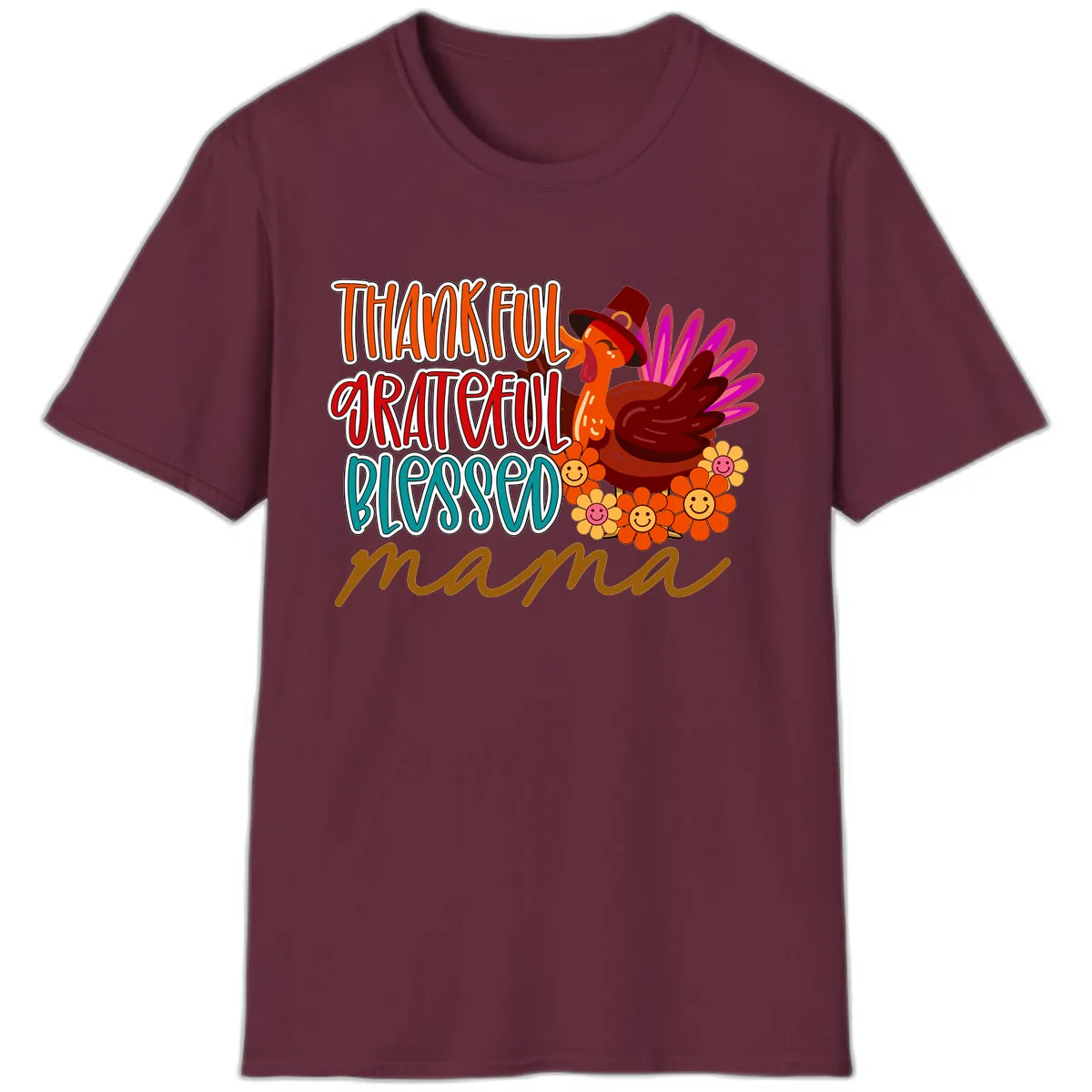 Thanksgiving Mama Turkey Floral T-Shirt in Maroon