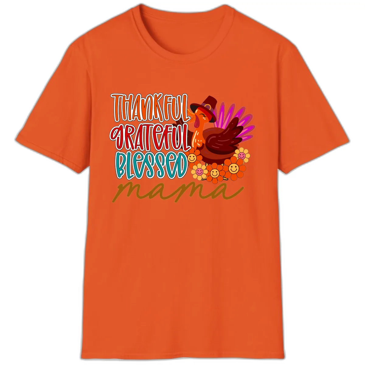 Thanksgiving Mama Turkey Floral T-Shirt in Orange