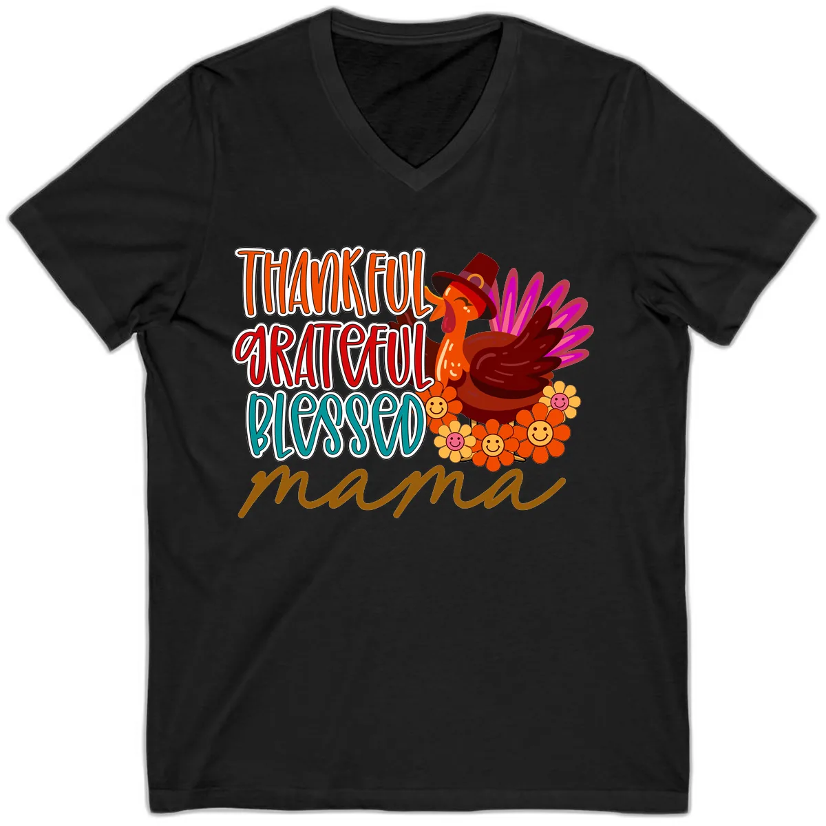 Thanksgiving Mama Turkey Floral V-Neck in Black