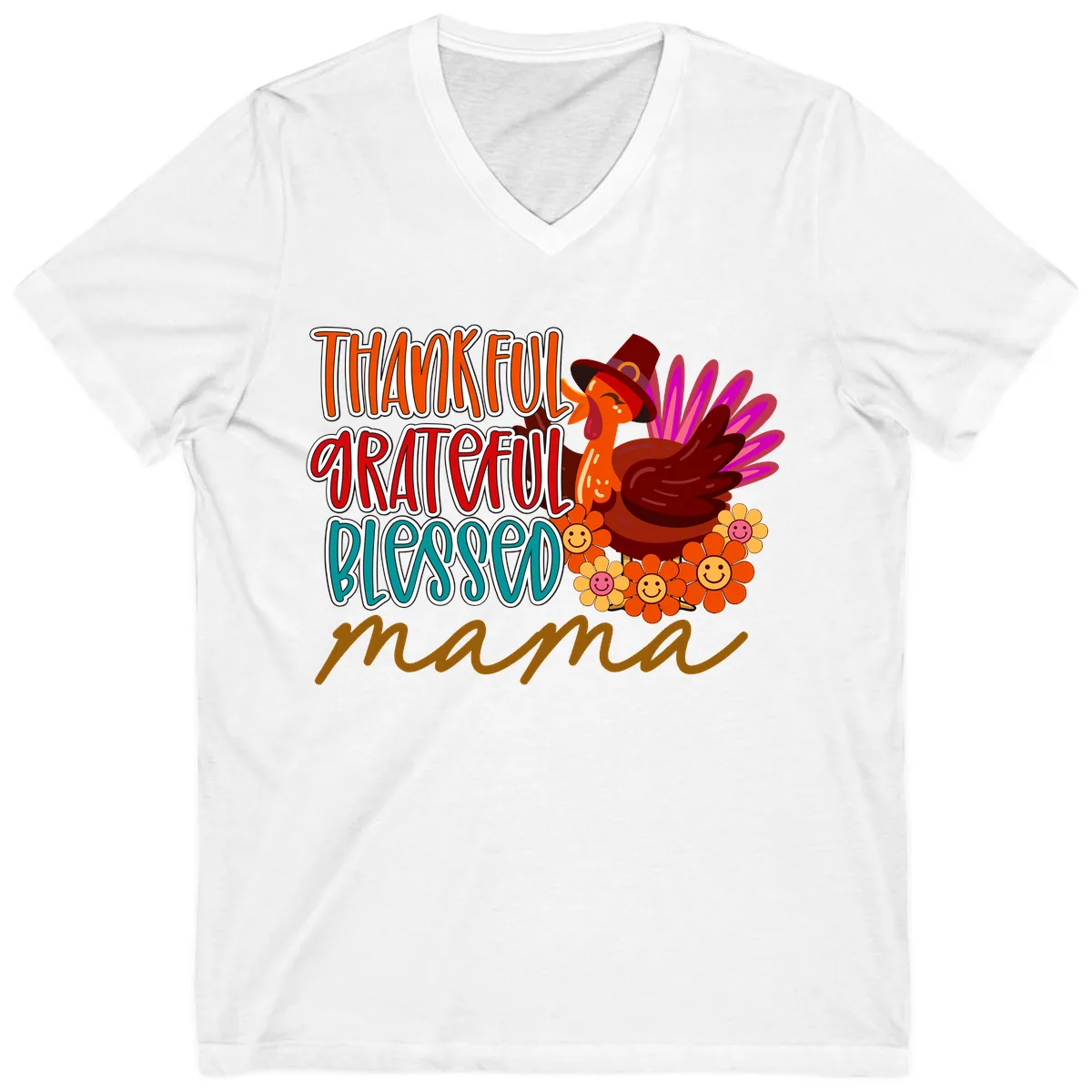 Thanksgiving Mama Turkey Floral V-Neck in White