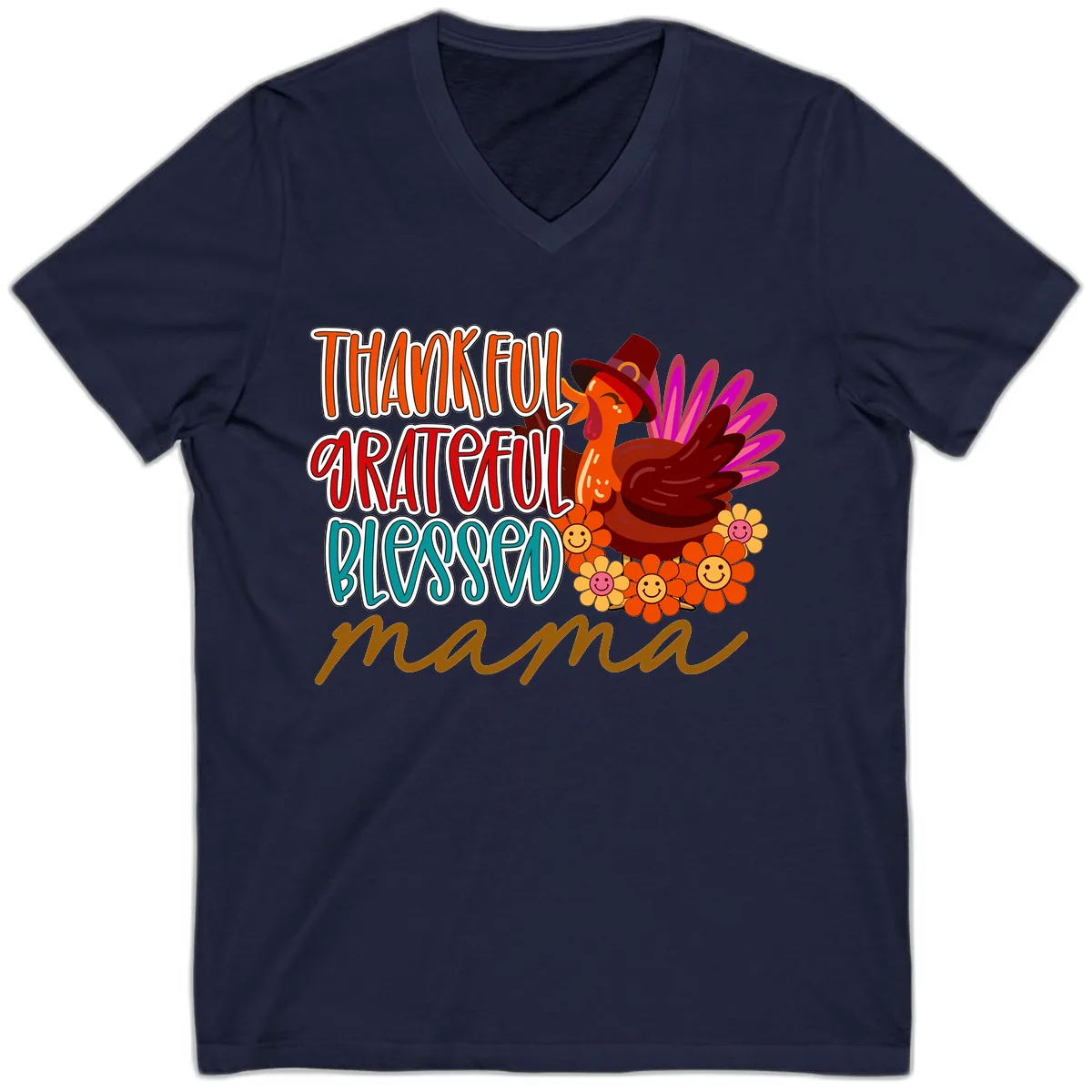 Thanksgiving Mama Turkey Floral V-Neck in Navy