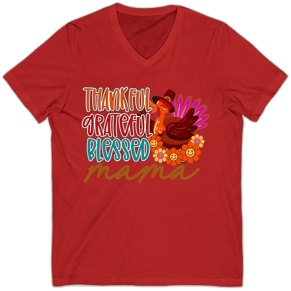 Thanksgiving Mama Turkey Floral V-Neck in Red