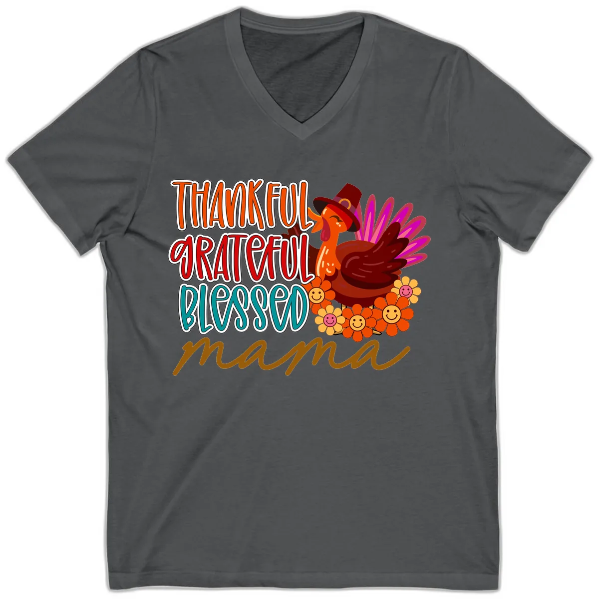 Thanksgiving Mama Turkey Floral V-Neck in Asphalt