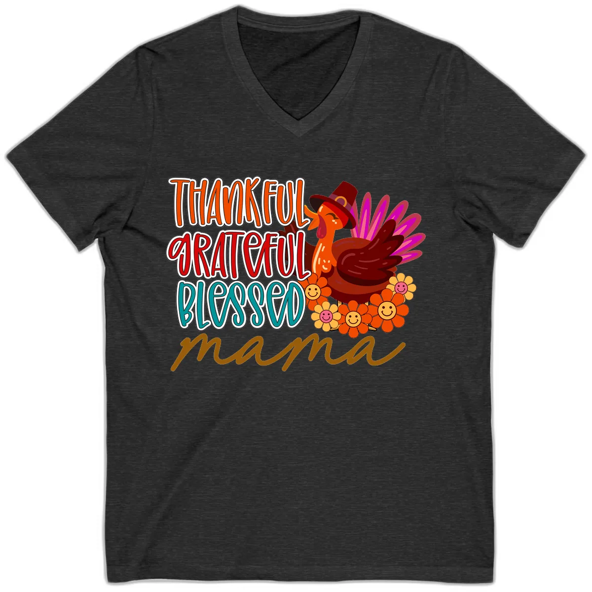 Thanksgiving Mama Turkey Floral V-Neck in Dark Grey Heather