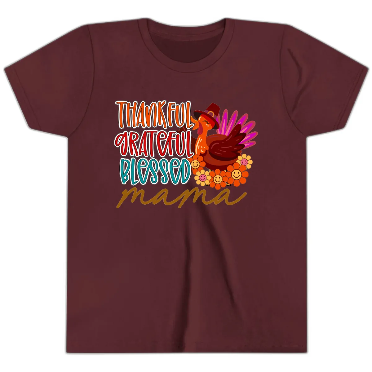 Thanksgiving Mama Turkey Floral Youth T-Shirt in Maroon