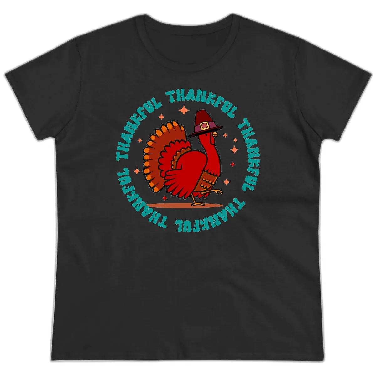 Happy Turkey Thanksgiving Celebration Ladies Tee in Black