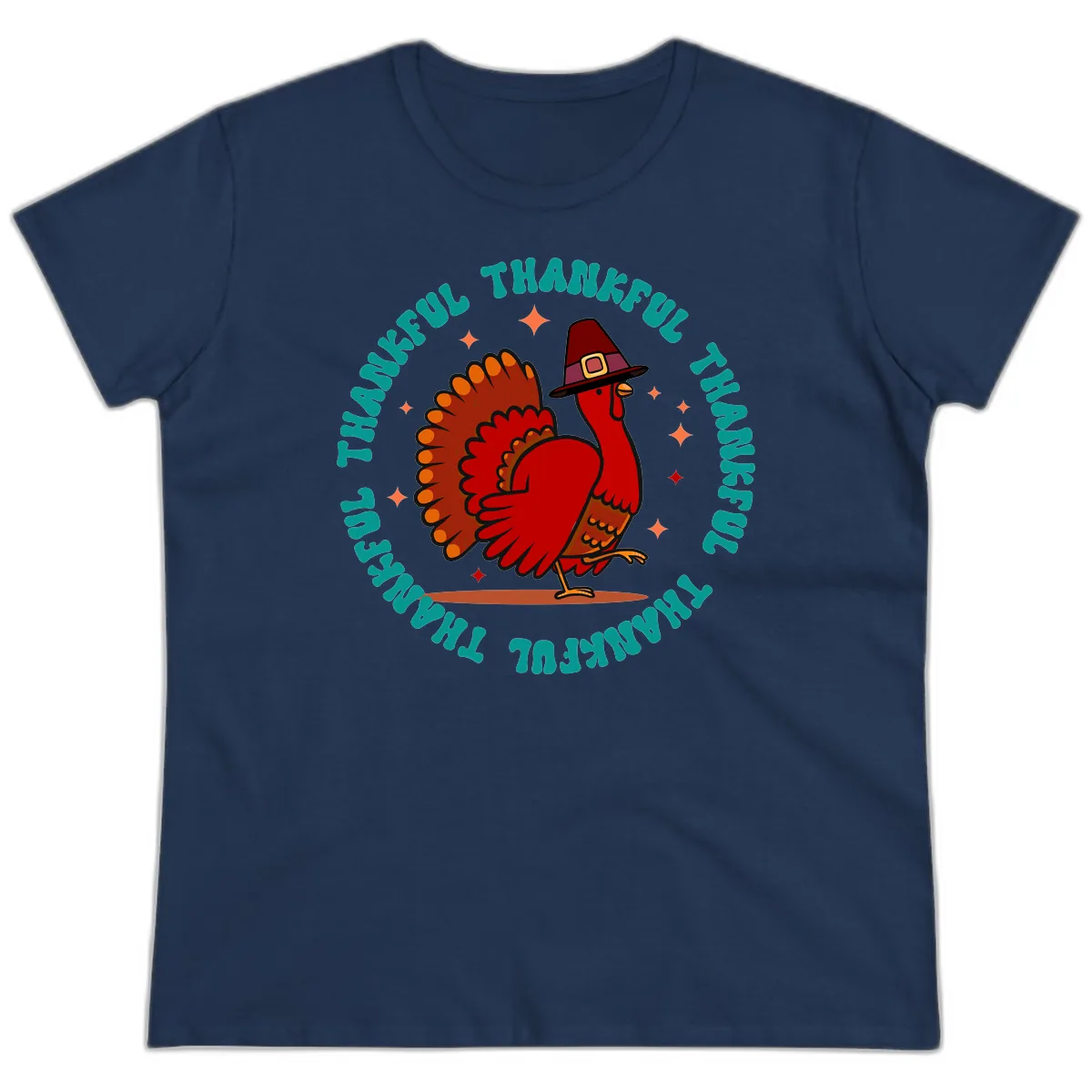Happy Turkey Thanksgiving Celebration Ladies Tee in Navy