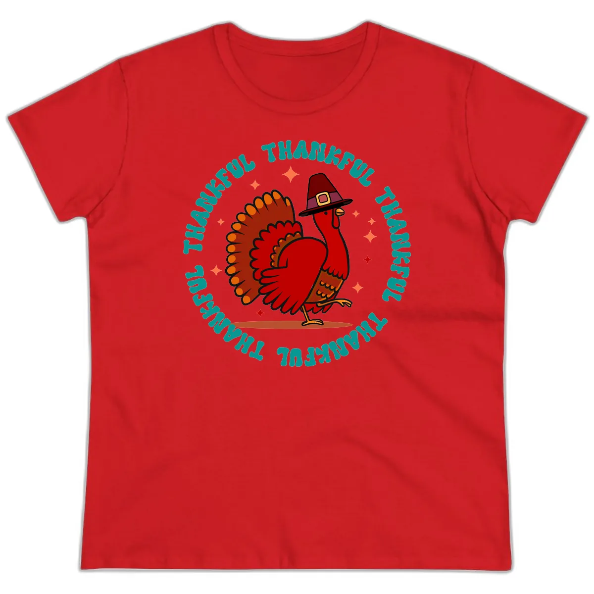 Happy Turkey Thanksgiving Celebration Ladies Tee in Red