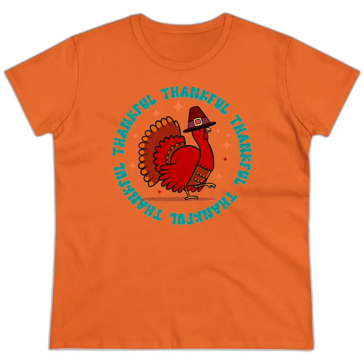 Happy Turkey Thanksgiving Celebration Ladies Tee in Orange