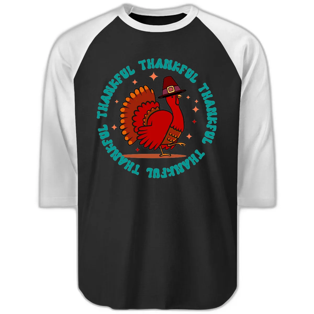 Happy Turkey Thanksgiving Celebration Raglan 3/4 in Black White
