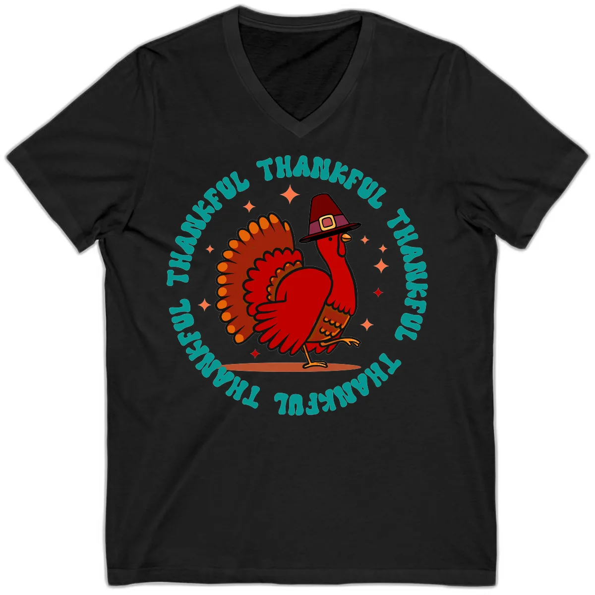 Happy Turkey Thanksgiving Celebration V-Neck in Black