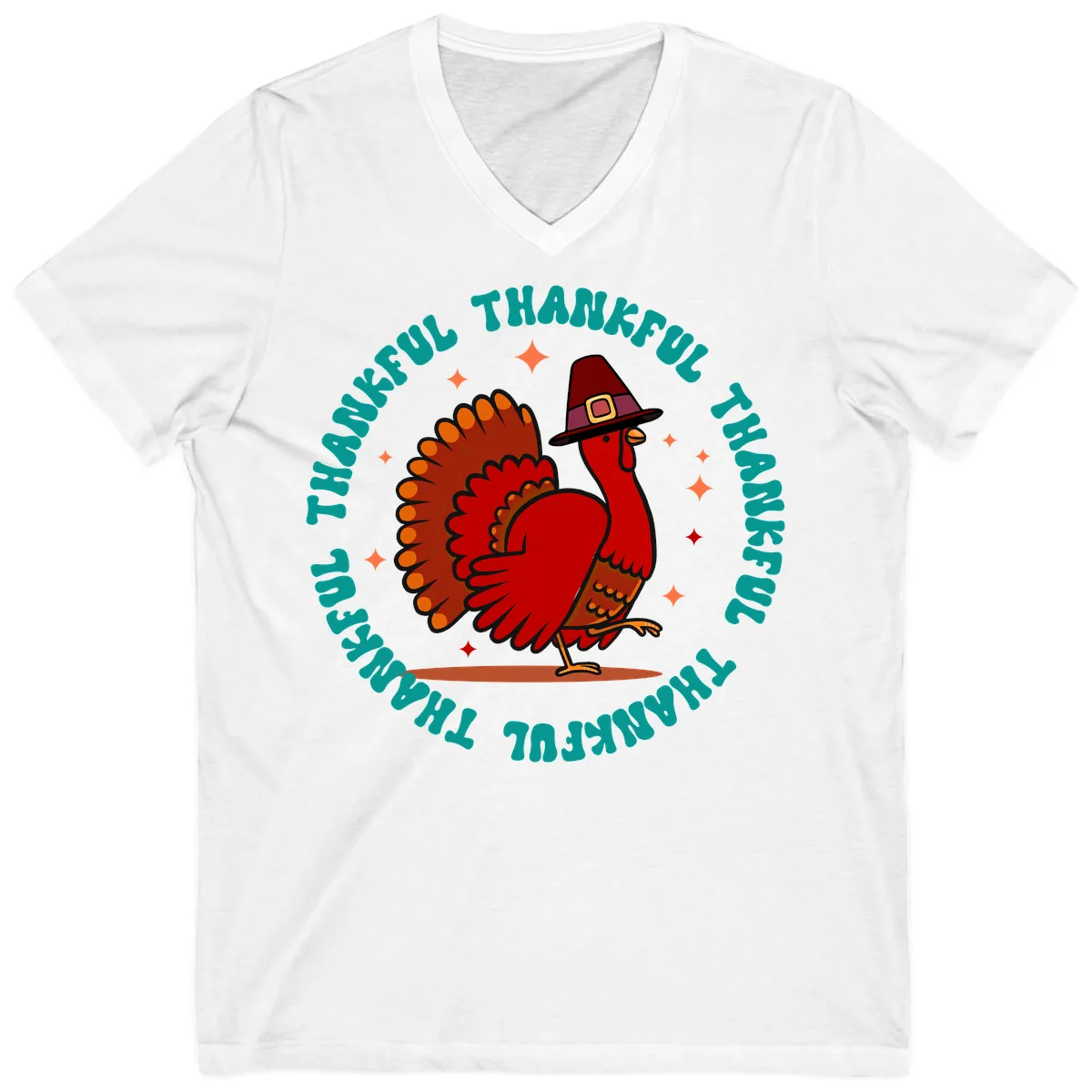 Happy Turkey Thanksgiving Celebration V-Neck in White