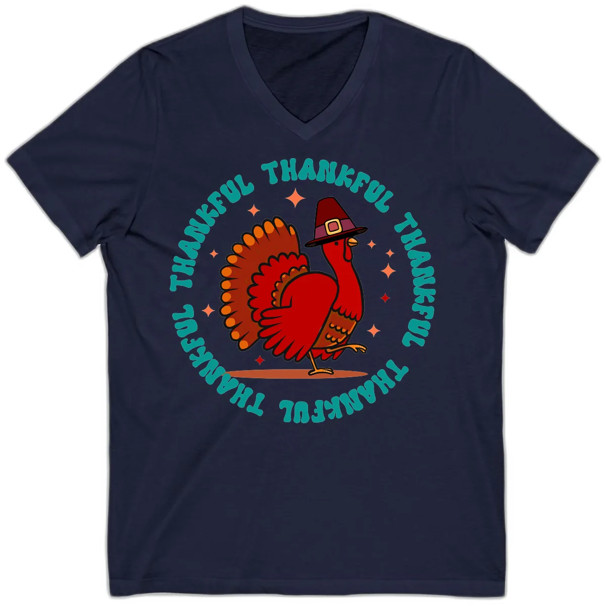 Happy Turkey Thanksgiving Celebration V-Neck in Navy