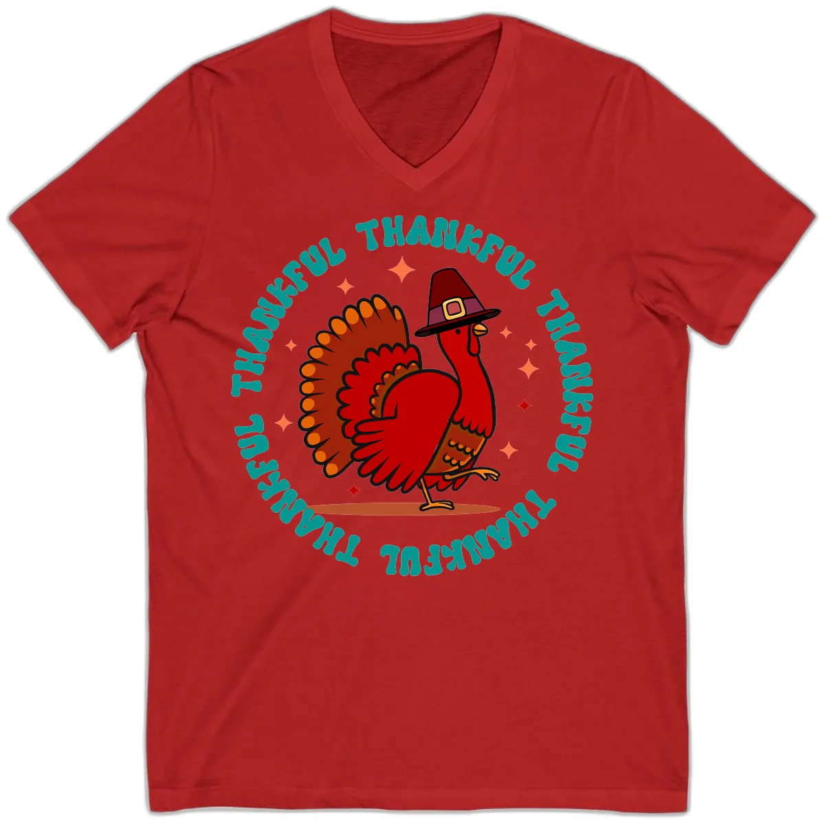 Happy Turkey Thanksgiving Celebration V-Neck in Red