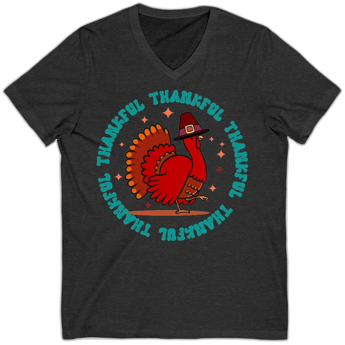 Happy Turkey Thanksgiving Celebration V-Neck in Dark Grey Heather