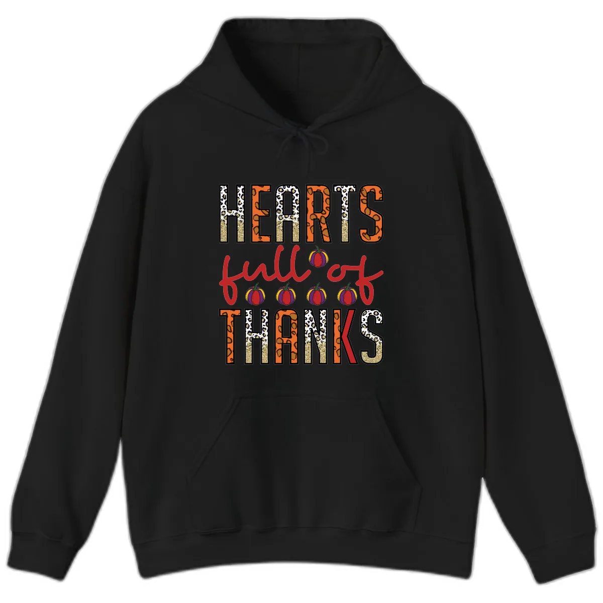 Hearts Full of Thanks Pumpkins Design Hoodie in Black