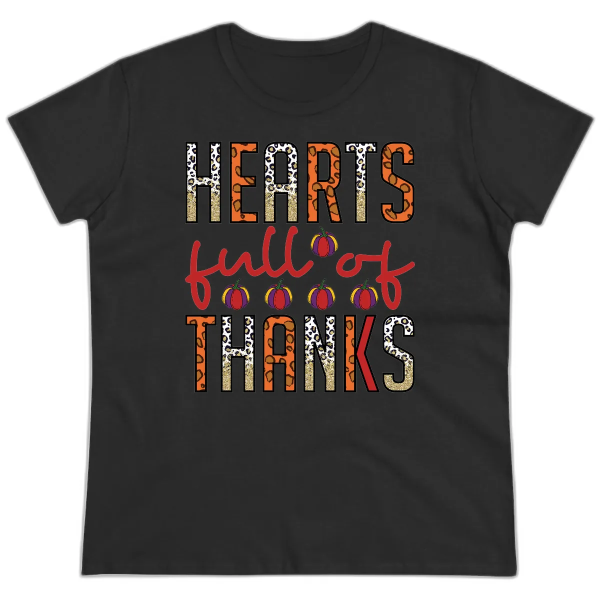 Hearts Full of Thanks Pumpkins Design Ladies Tee in Black