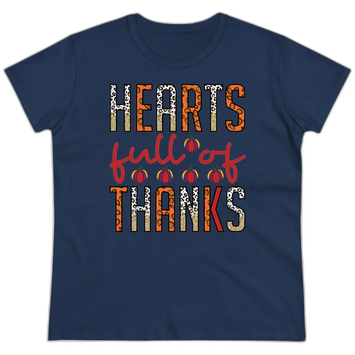 Hearts Full of Thanks Pumpkins Design Ladies Tee in Navy