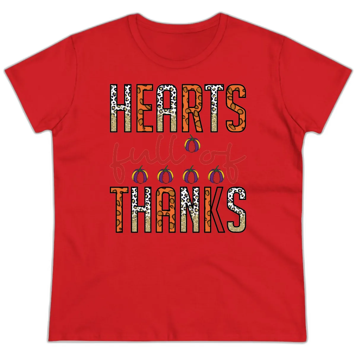 Hearts Full of Thanks Pumpkins Design Ladies Tee in Red