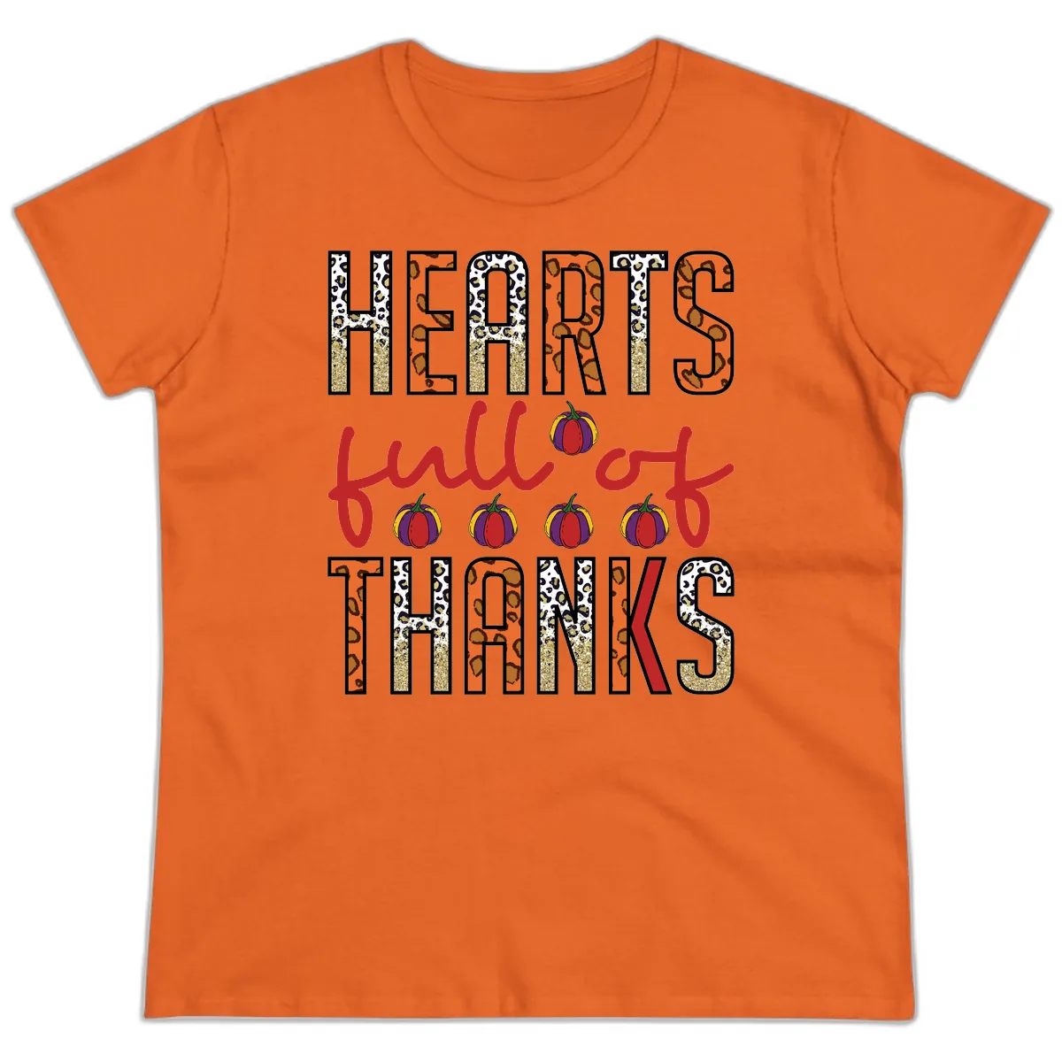 Hearts Full of Thanks Pumpkins Design Ladies Tee in Orange