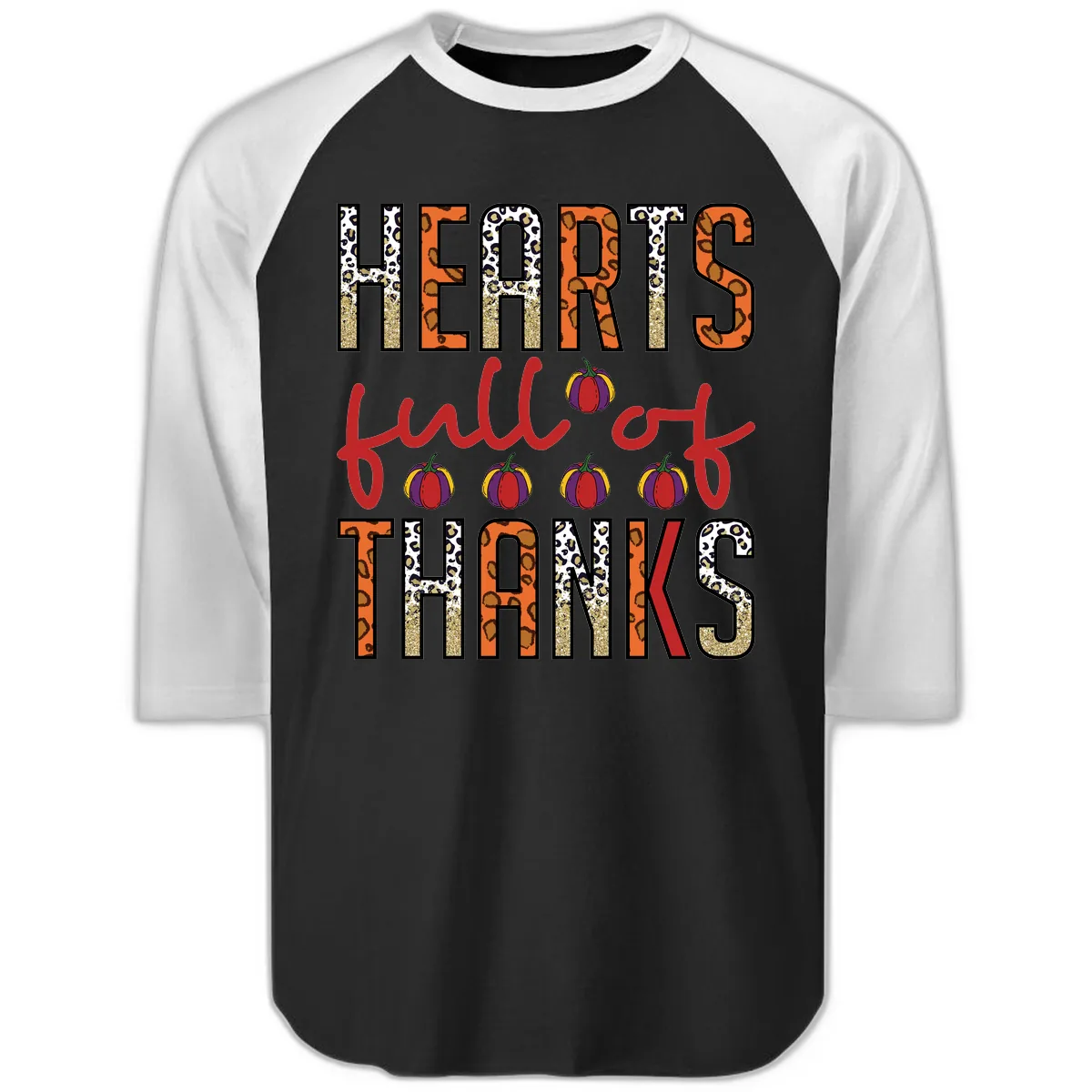 Hearts Full of Thanks Pumpkins Design Raglan 3/4 in Black White