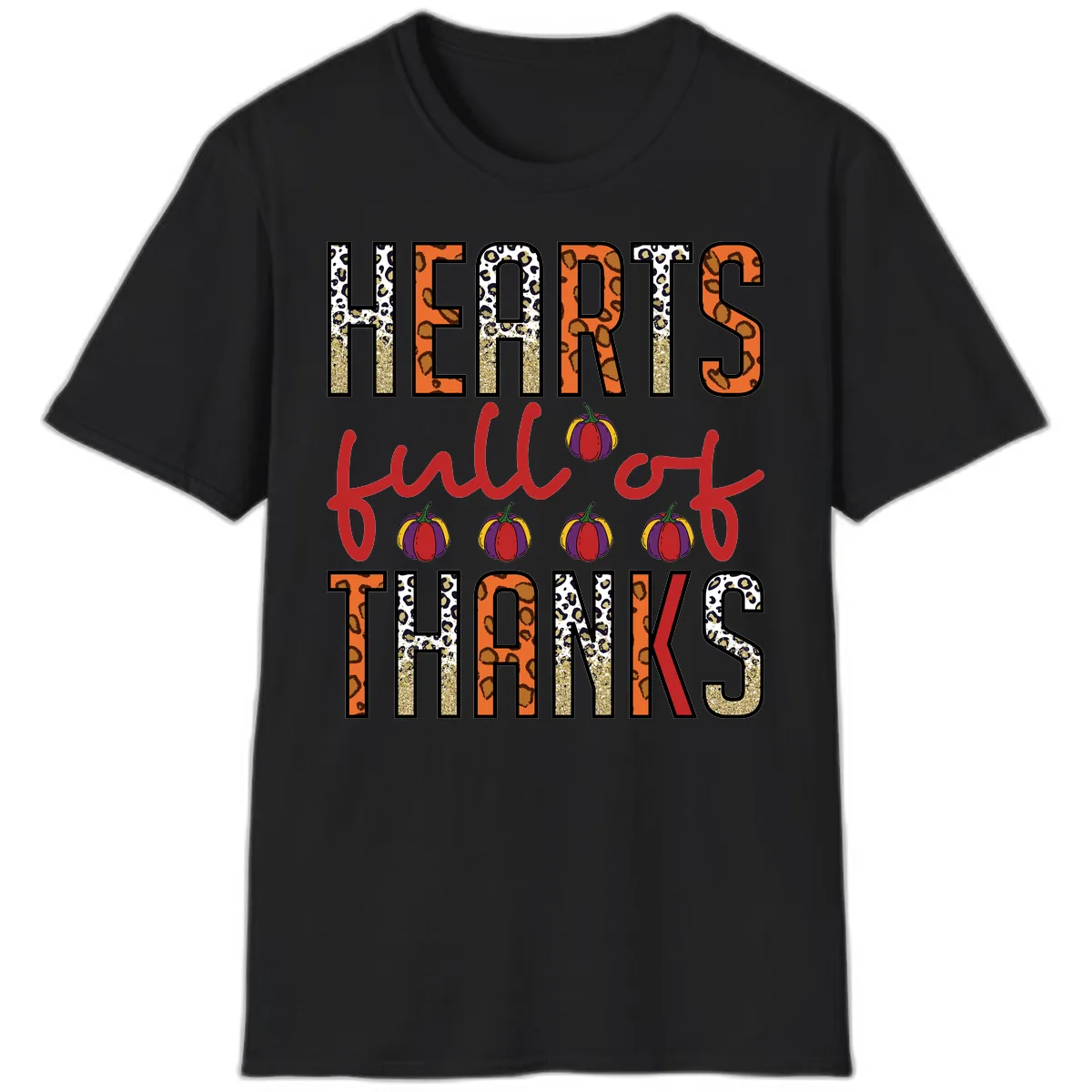 Hearts Full of Thanks Pumpkins Design T-Shirt in Black