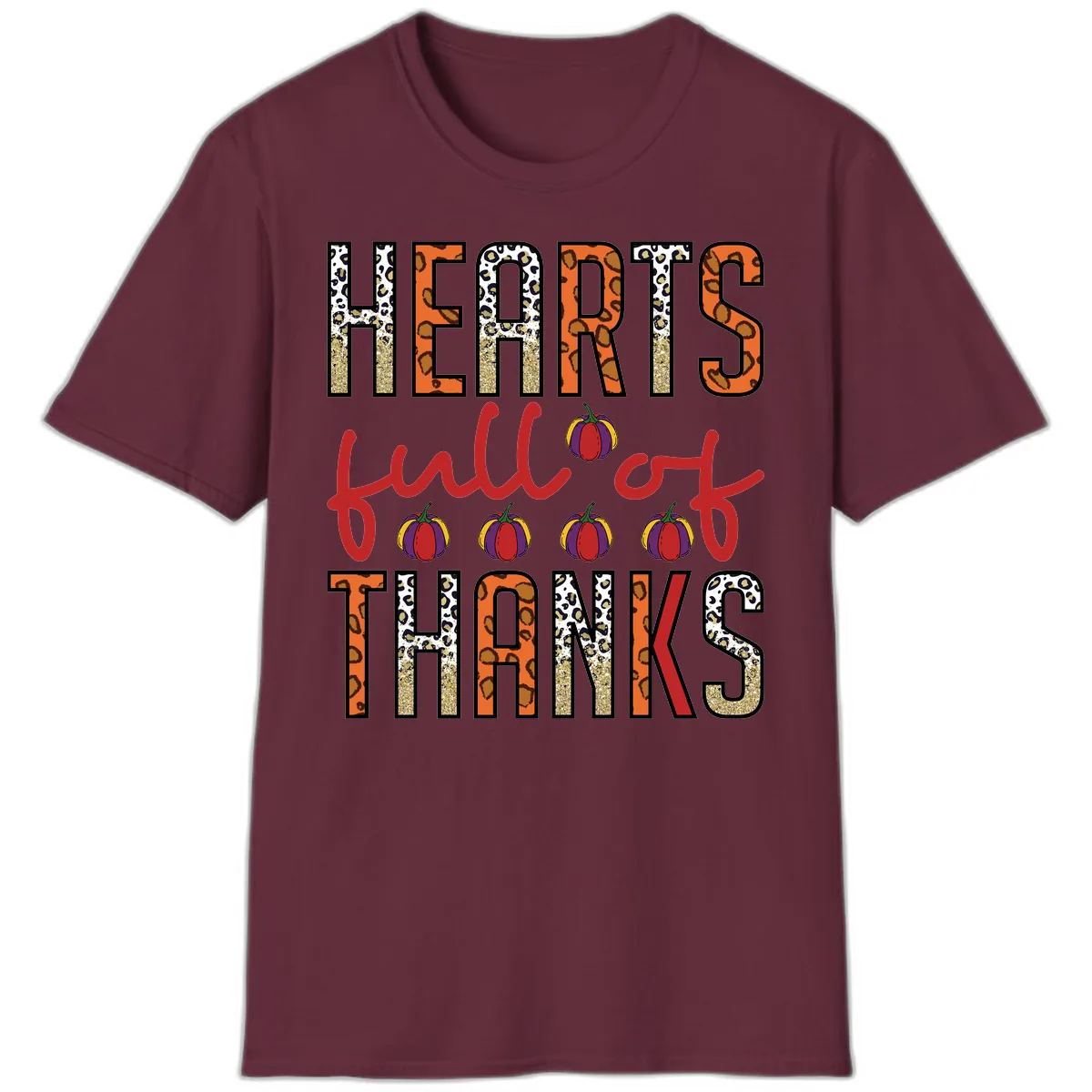 Hearts Full of Thanks Pumpkins Design T-Shirt in Maroon