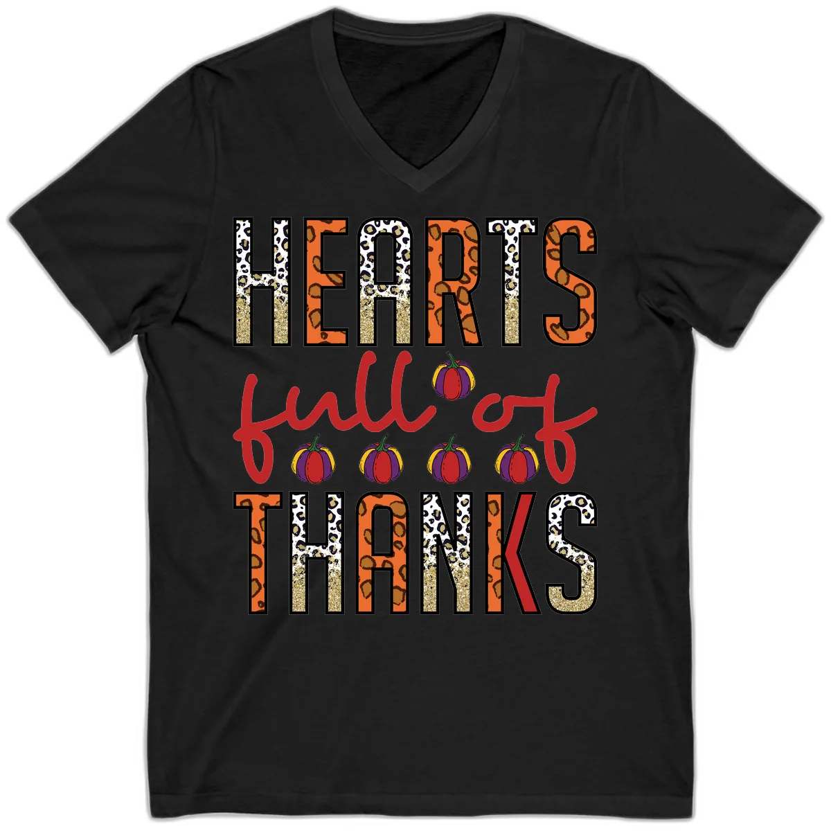 Hearts Full of Thanks Pumpkins Design V-Neck in Black
