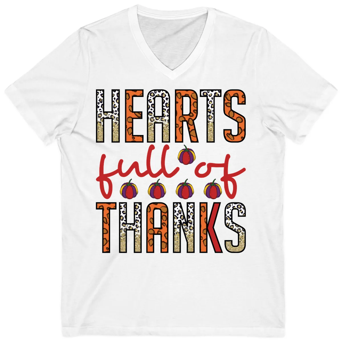 Hearts Full of Thanks Pumpkins Design V-Neck in White