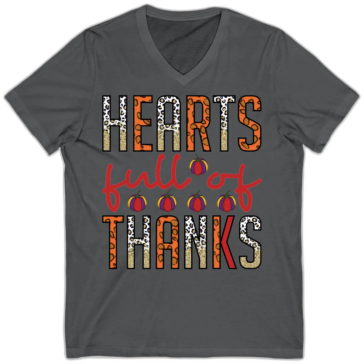 Hearts Full of Thanks Pumpkins Design V-Neck in Asphalt