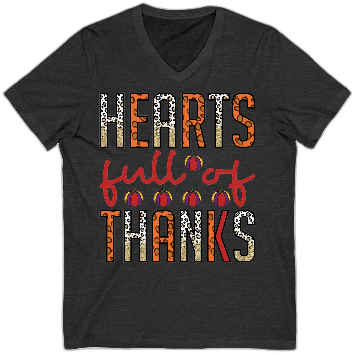 Hearts Full of Thanks Pumpkins Design V-Neck in Dark Grey Heather