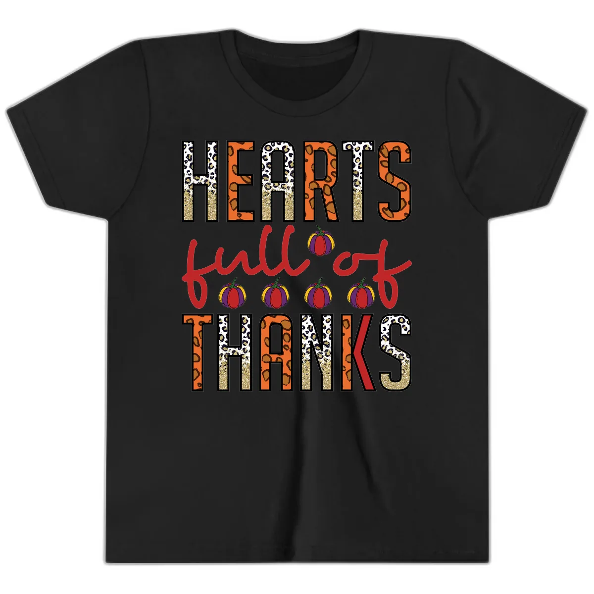 Hearts Full of Thanks Pumpkins Design Youth T-Shirt in Black