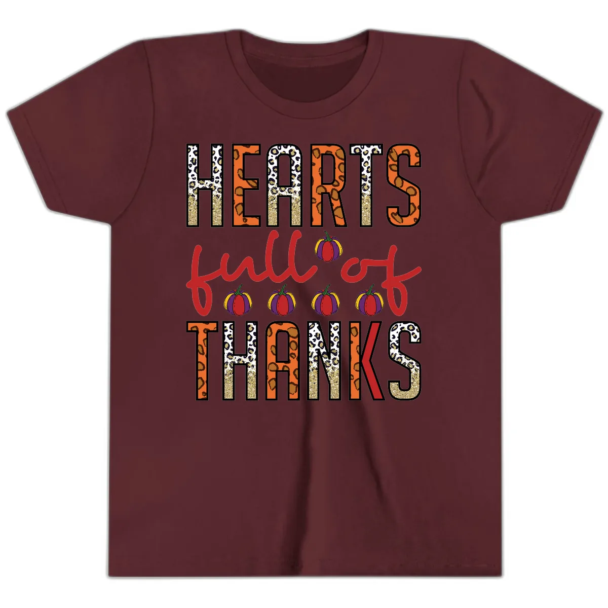 Hearts Full of Thanks Pumpkins Design Youth T-Shirt in Maroon