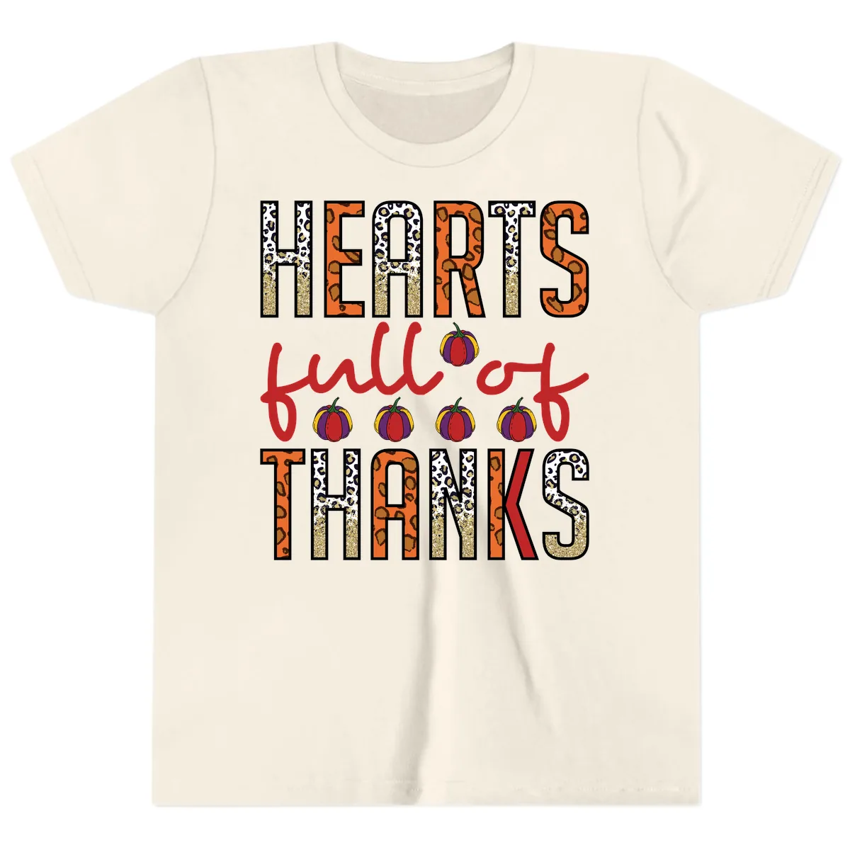 Hearts Full of Thanks Pumpkins Design Youth T-Shirt in Natural