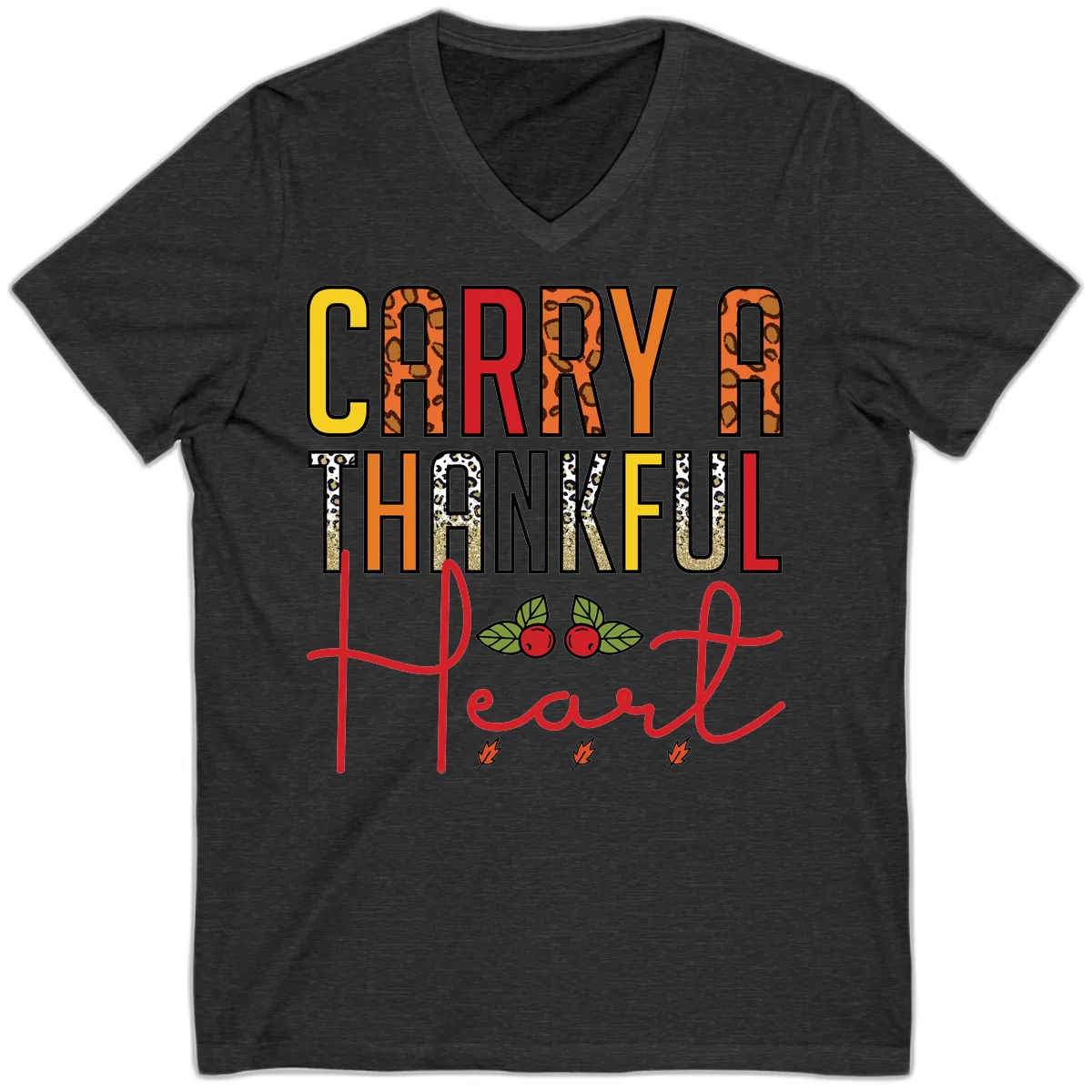 Carry A Thankful Heart Design V-Neck in Dark Grey Heather