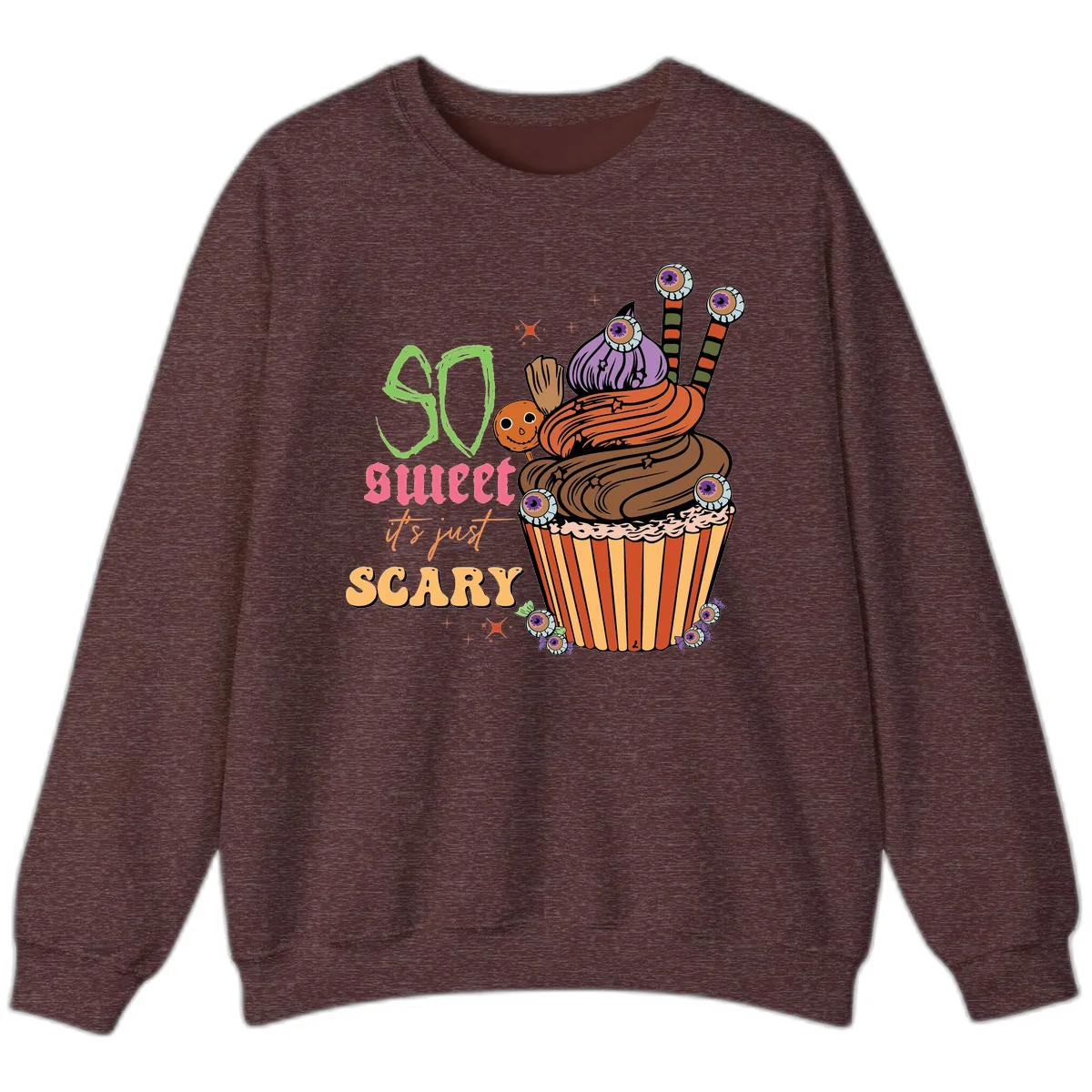 So Sweet It's Just Scary Halloween Cupcake Sweatshirt in Heather Sport Dark Maroon