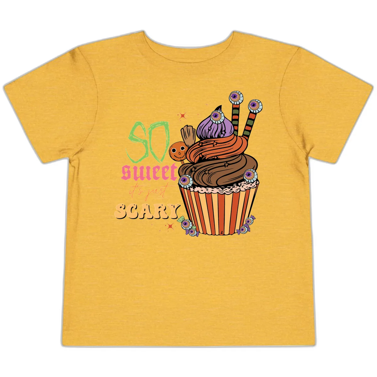 So Sweet It's Just Scary Halloween Cupcake Toddler T-Shirt in Heather Yellow Gold