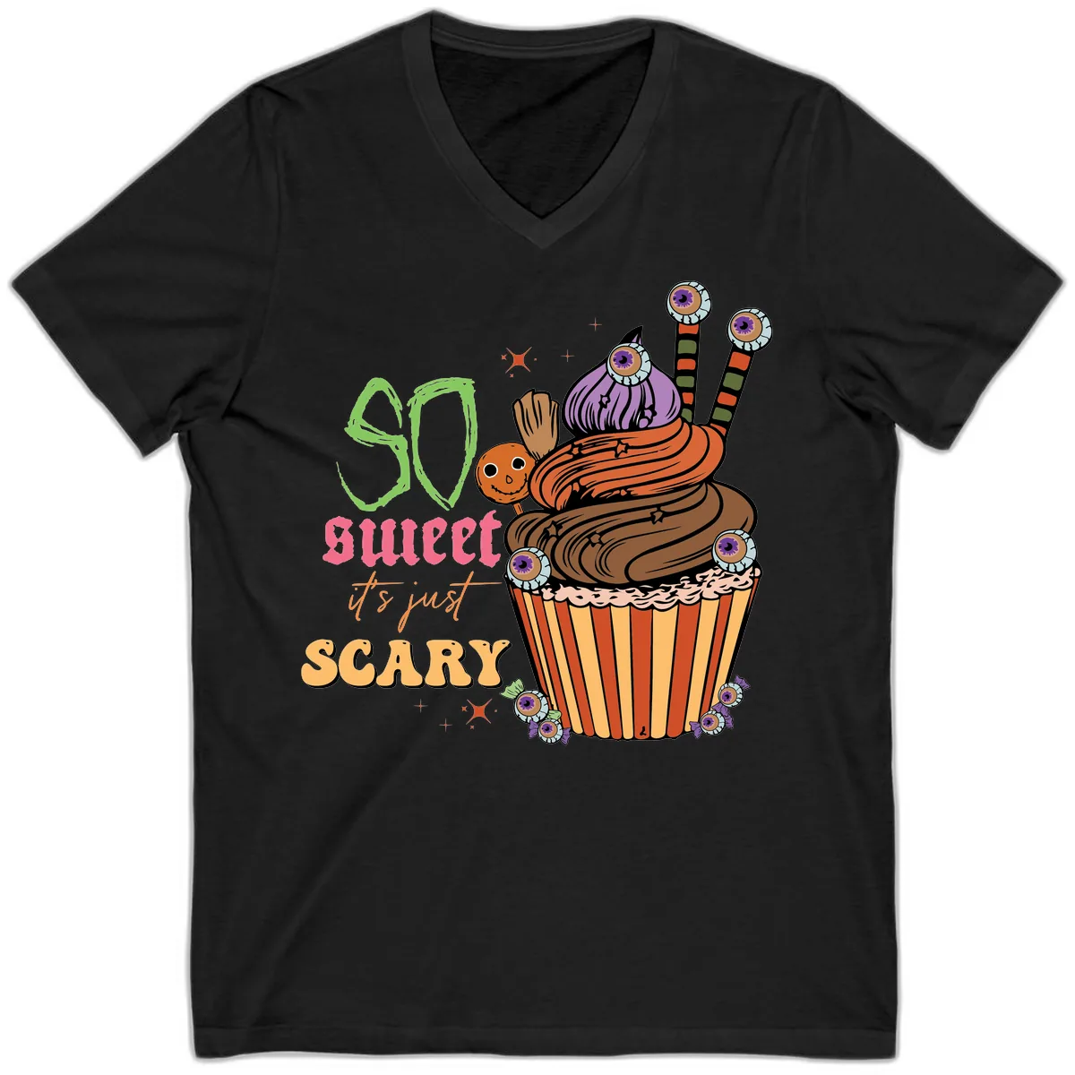 So Sweet It's Just Scary Halloween Cupcake V-Neck in Black
