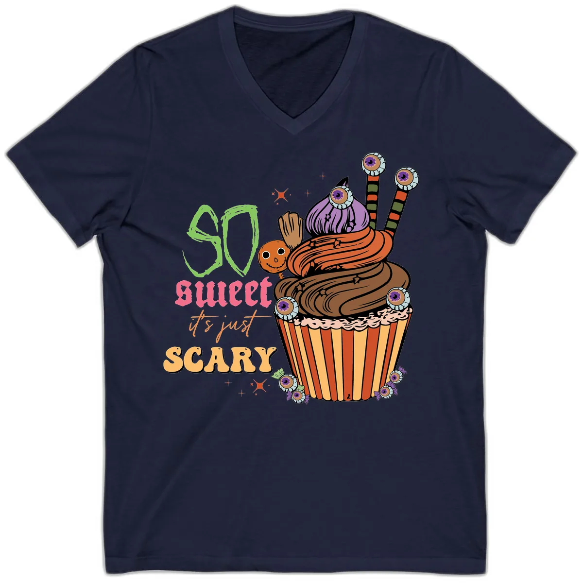 So Sweet It's Just Scary Halloween Cupcake V-Neck in Navy