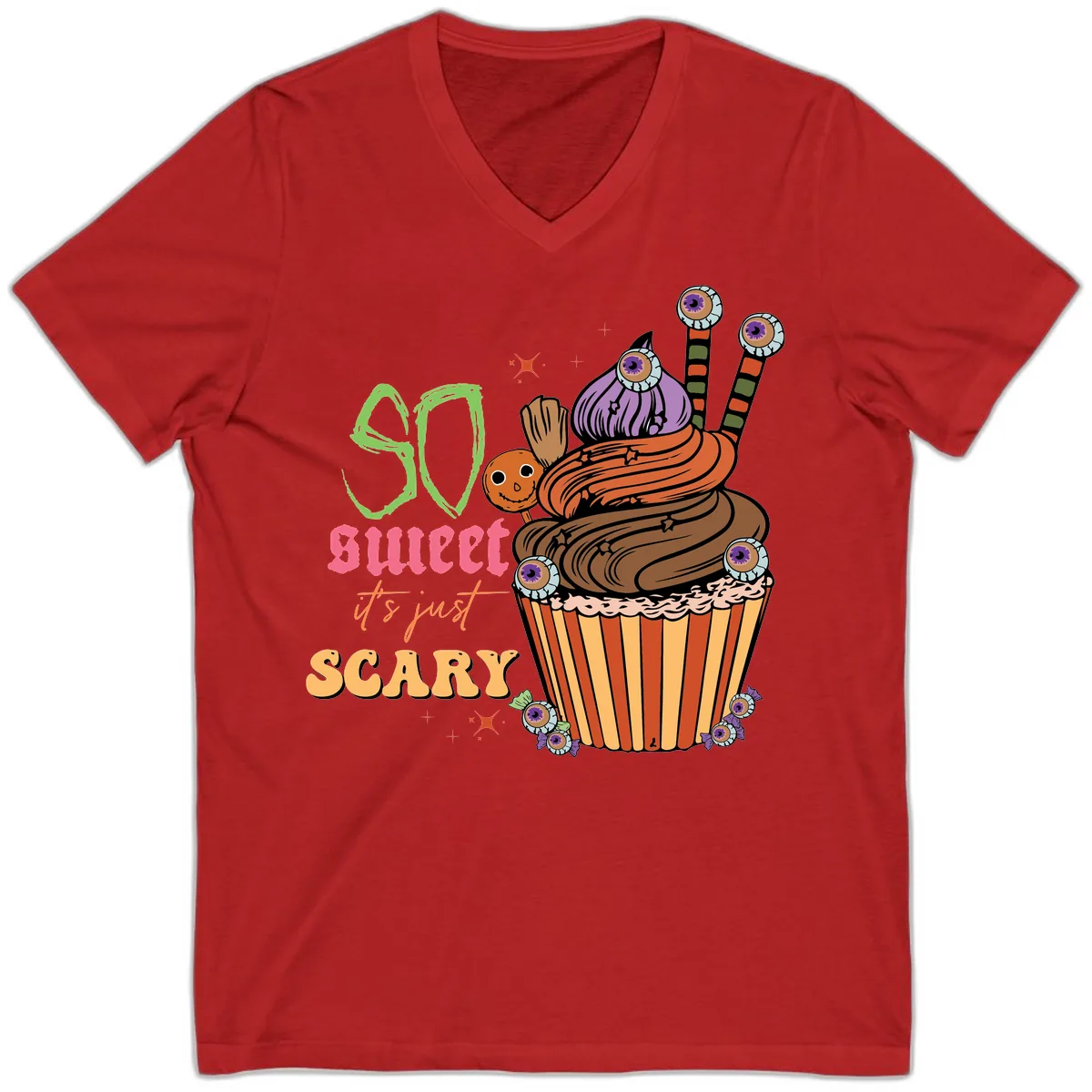 So Sweet It's Just Scary Halloween Cupcake V-Neck in Red