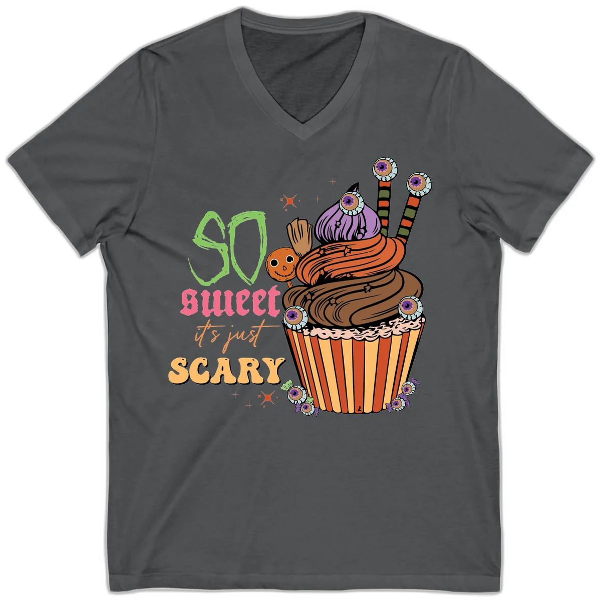 So Sweet It's Just Scary Halloween Cupcake V-Neck in Asphalt