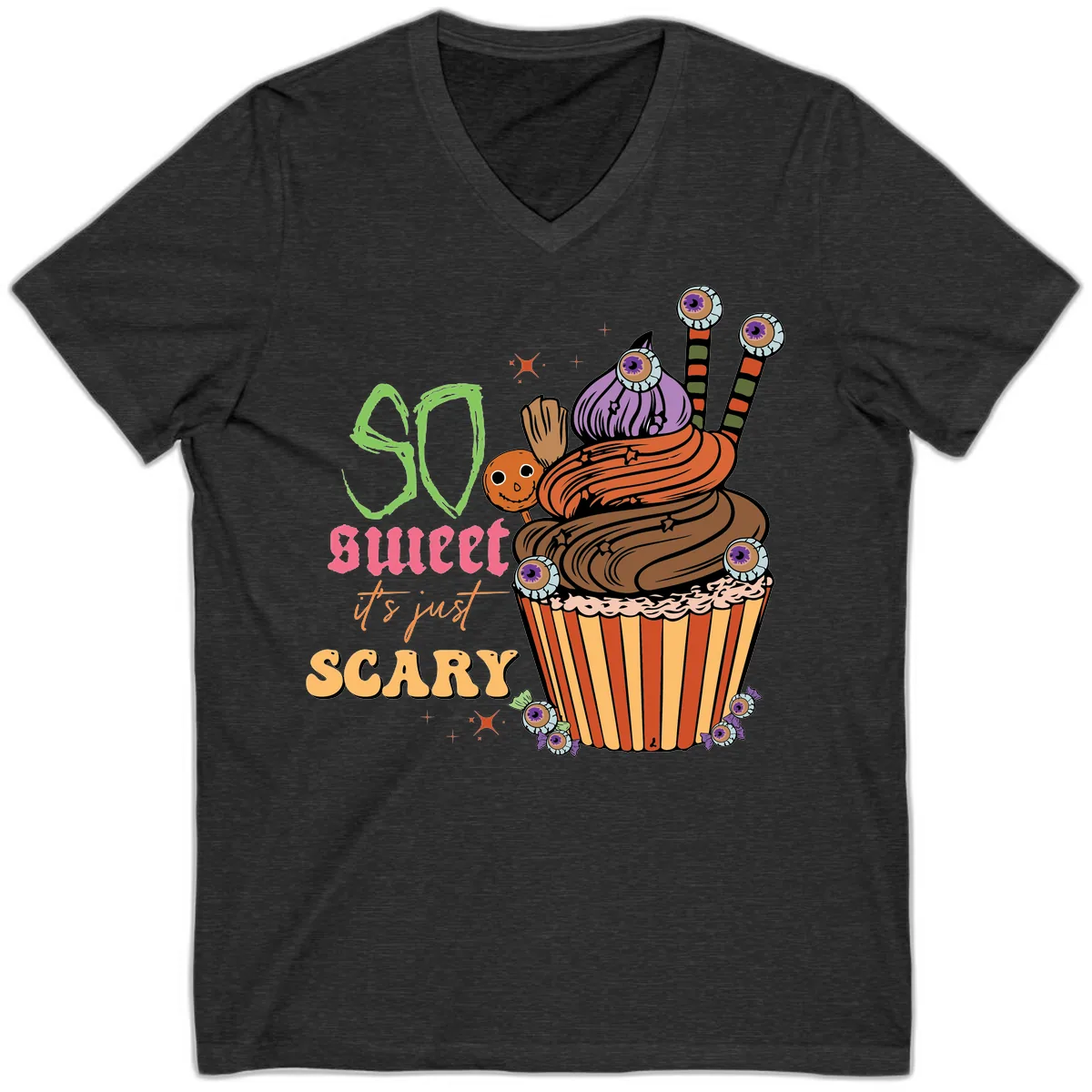 So Sweet It's Just Scary Halloween Cupcake V-Neck in Dark Grey Heather