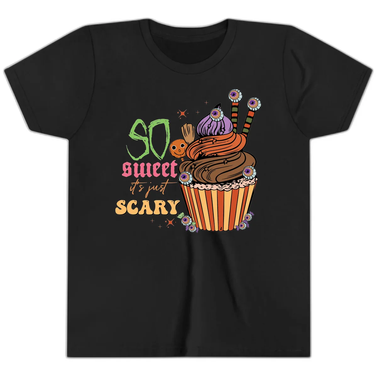 So Sweet It's Just Scary Halloween Cupcake Youth T-Shirt in Black