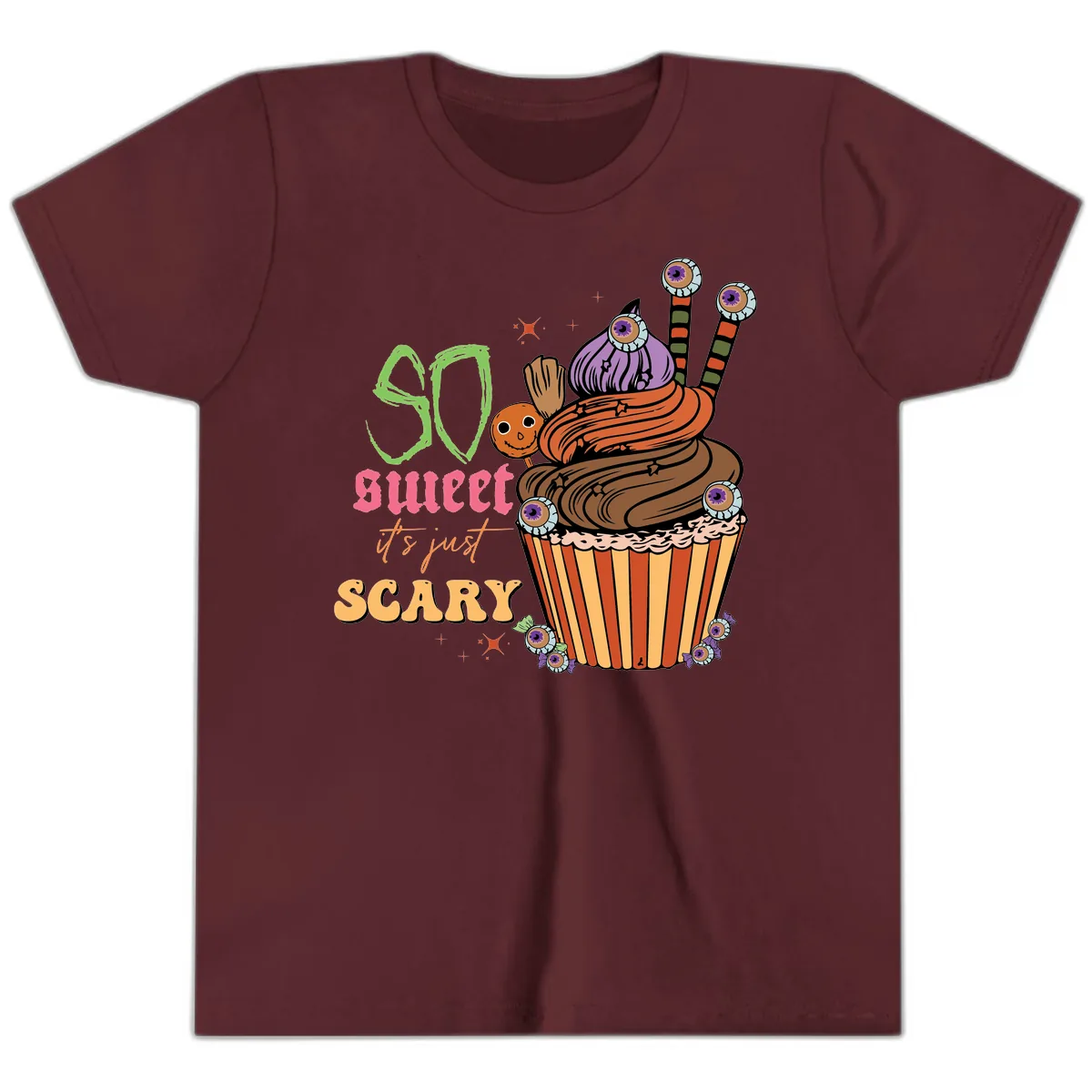 So Sweet It's Just Scary Halloween Cupcake Youth T-Shirt in Maroon