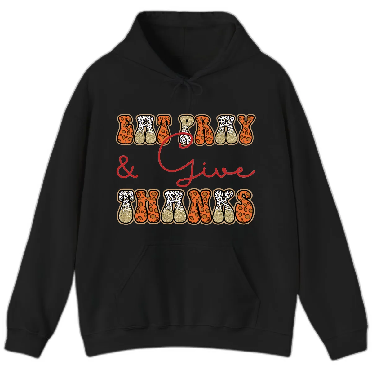 Eat Pray Give Thanks Leopard Print Hoodie in Black