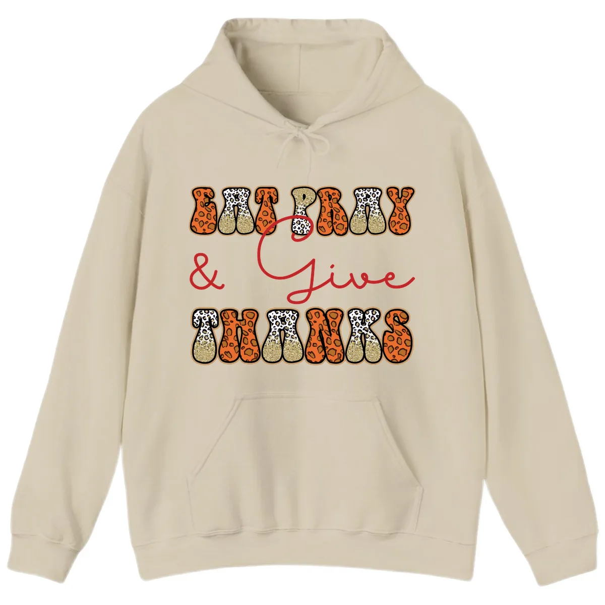 Eat Pray Give Thanks Leopard Print Hoodie in Sand