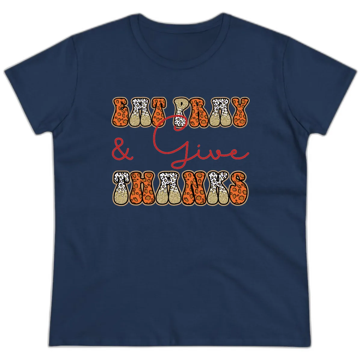 Eat Pray Give Thanks Leopard Print Ladies Tee in Navy