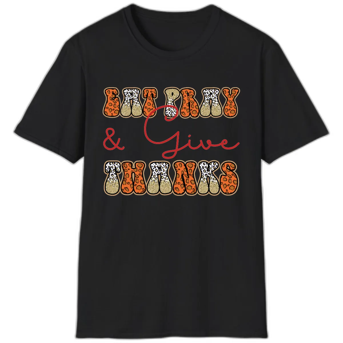 Eat Pray Give Thanks Leopard Print T-Shirt in Black