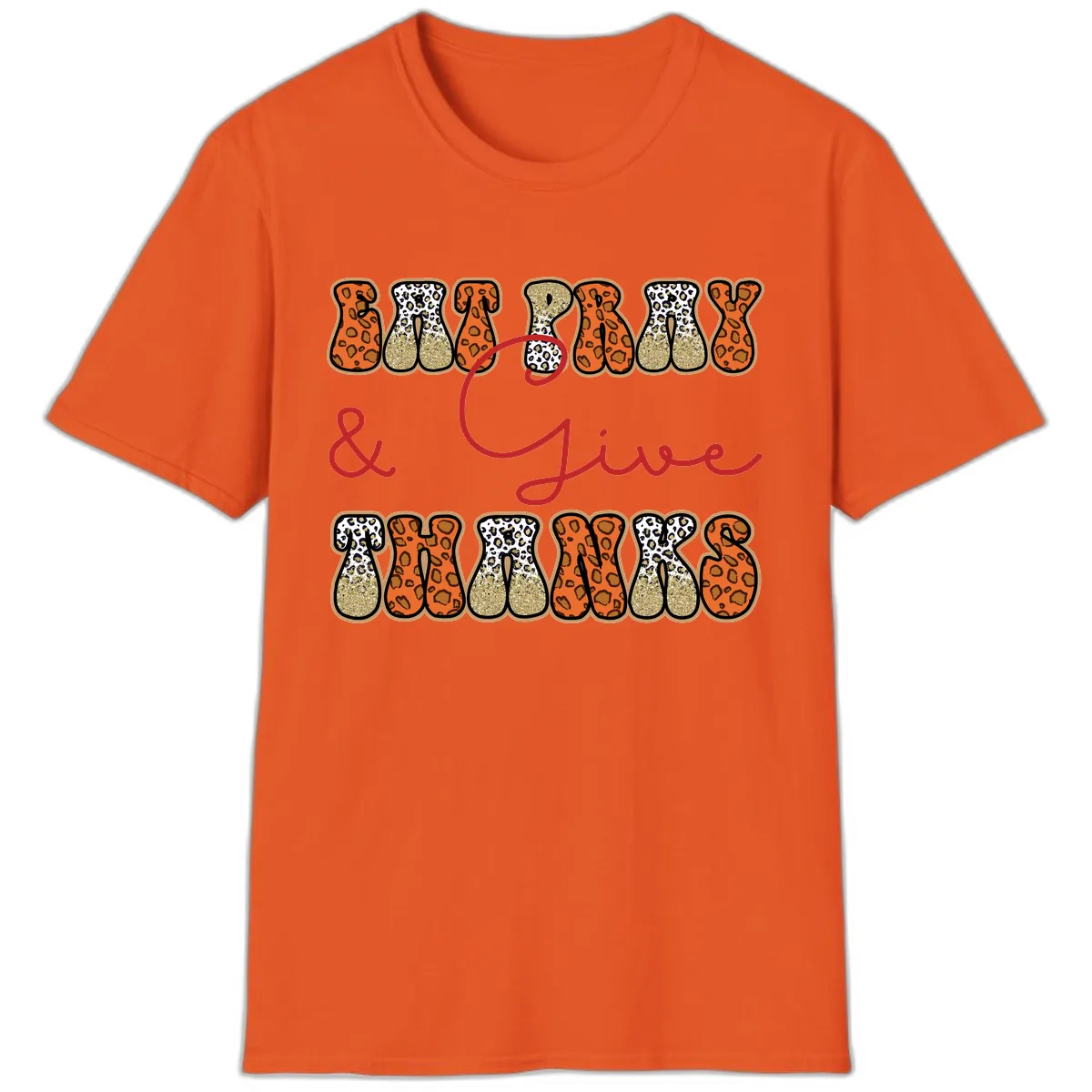 Eat Pray Give Thanks Leopard Print T-Shirt in Orange